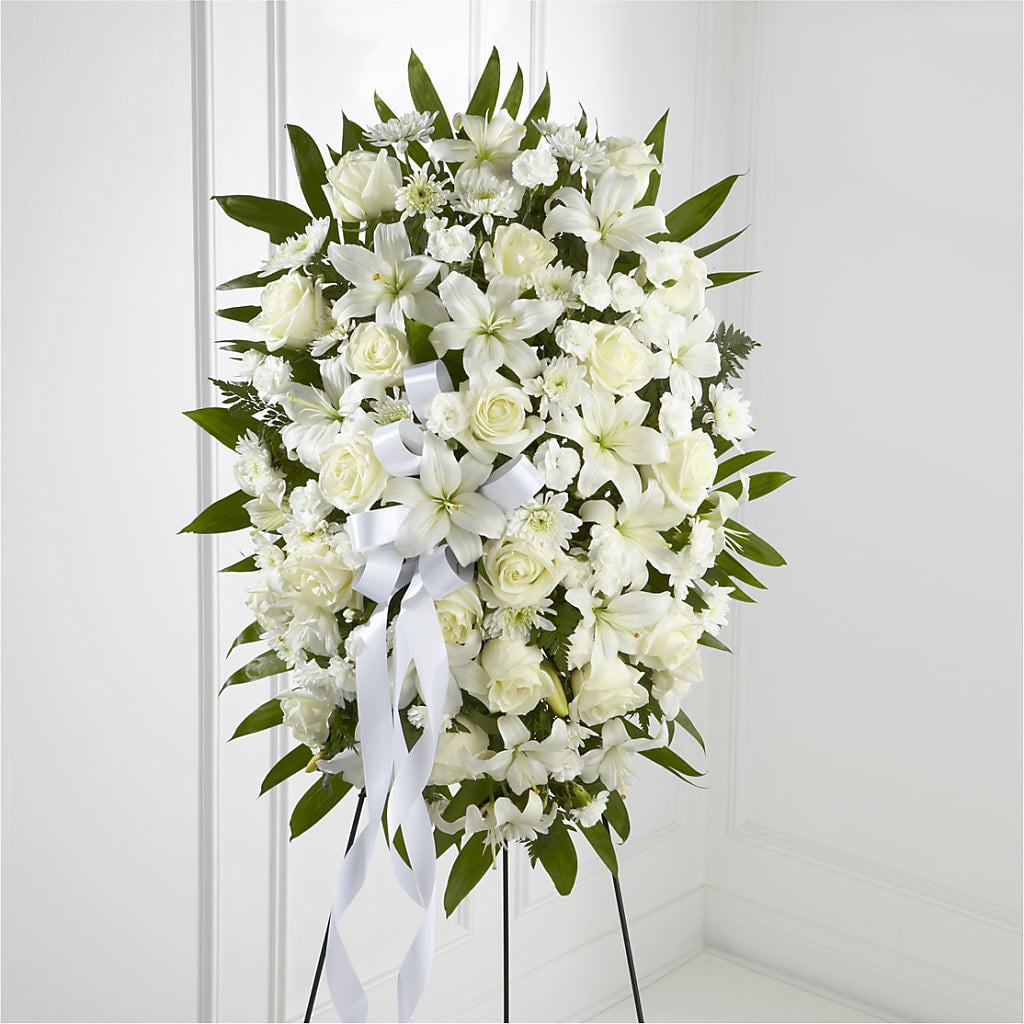 Exquisite Tribute Standing Spray-White Ribbon – Jerome Florist, Bronx NY