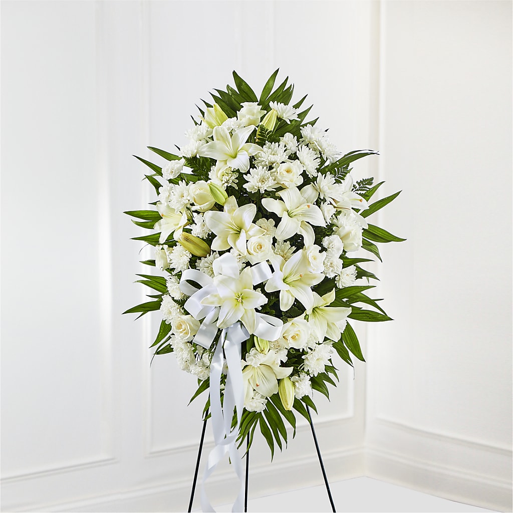 Exquisite Tribute Standing Spray-White Ribbon – Jerome Florist, Bronx NY