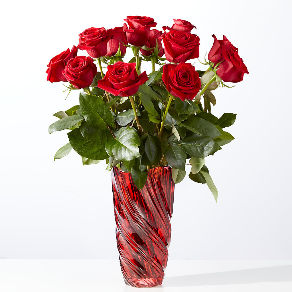 Classic Love Red Rose Bouquet with Luxe Swirl Vase – Jerome Florist, Bronx NY